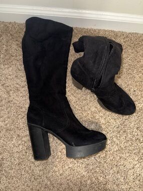 Women's Black Suede High Heel Platform Boots